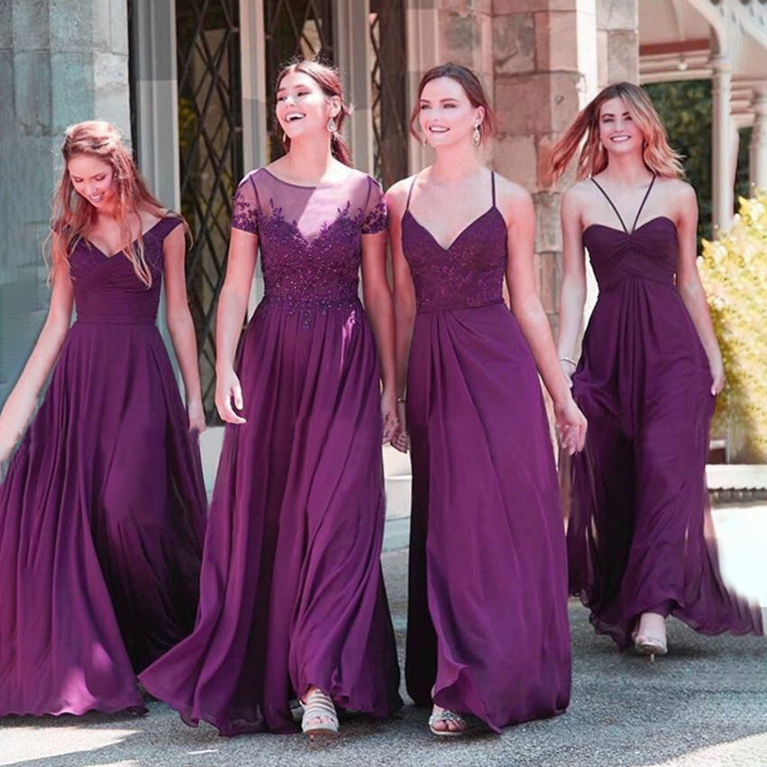 

2021 New Grape Chiffon Bridesmaid's Dresses with Extensions to the Line Dressed Up As a Ladies Wedding Party HZGT