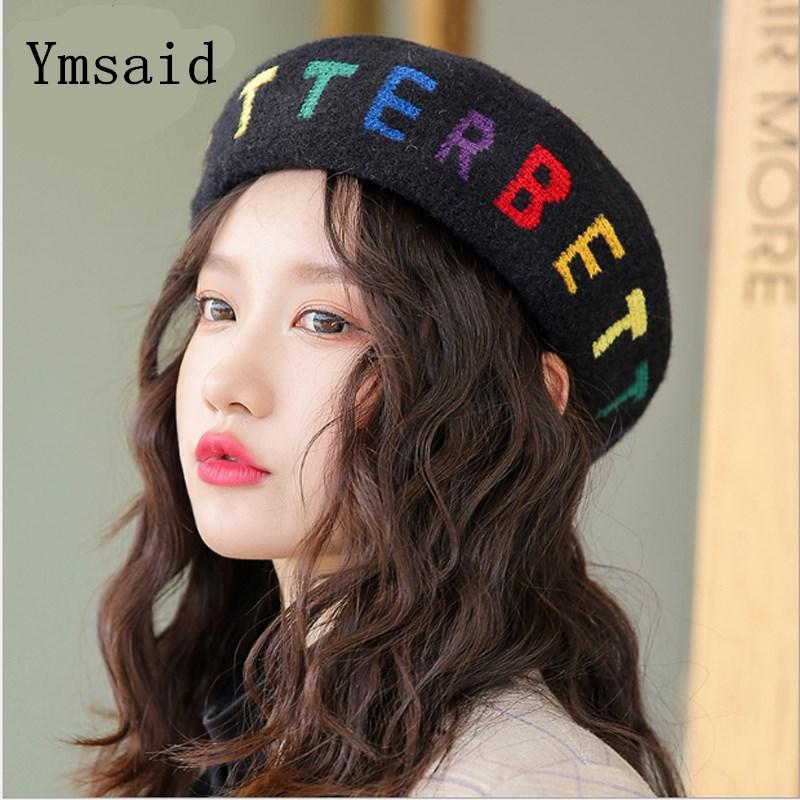 

2020 New Winter Women's French Style Letter Wool Knitted Beret Hats Women Fashion Warm Painter Berets Hat Female Beanies Cap, Beige