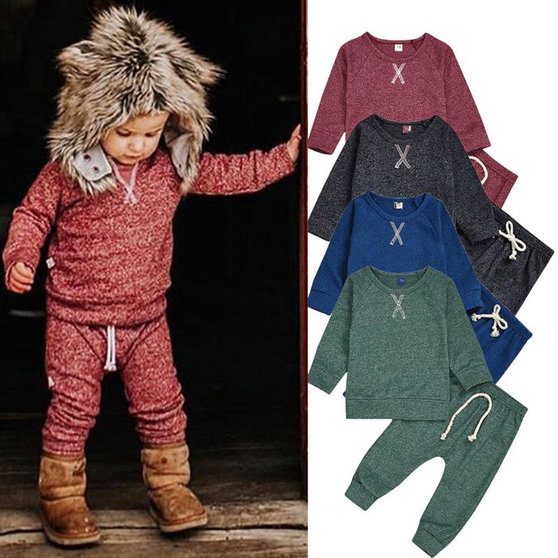 

Newborn Infant Baby Boy Girl Clothes Set Autumn Winter Solid Long Sleeve Tops Elastic Pants Homewear Pajamas Set Outfits Suit, Blue