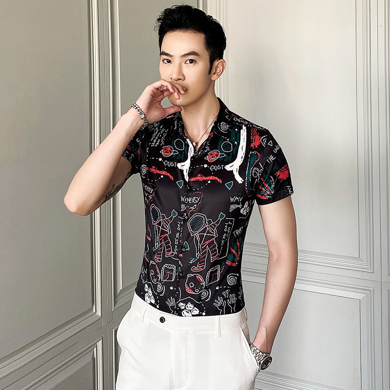

Men's Fashion Short Floral Will See Black Shirt Buttons Thin Lapel Wear Bj4a