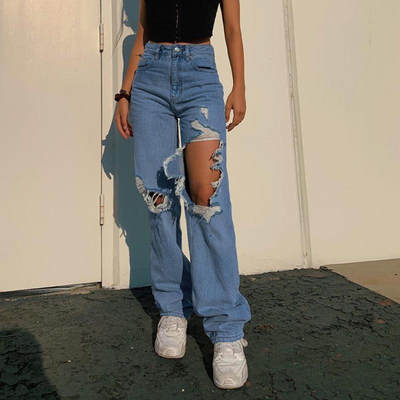 

Ripped Straight Jeans Sweatpants Women Baggy Vintage High Waist Boyfriends Y2k Denim Pants Distressed 90s Aesthetic Streetwear, Blue