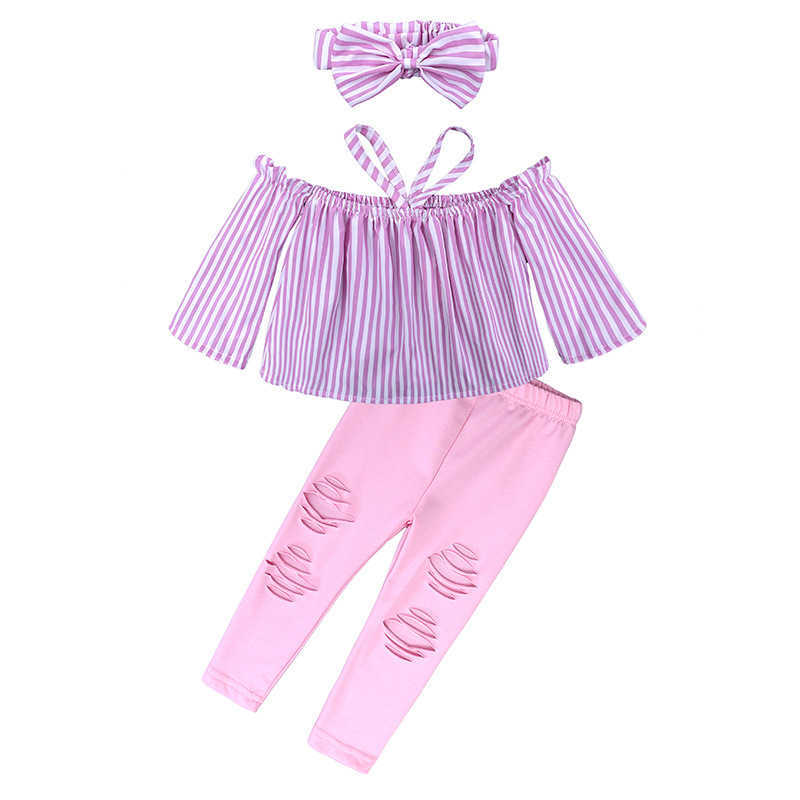 

Sets Clothing Toddler Baby Girls Kids Clothing Baby Girls Stripe T-shirt Top +Hole denim Pants Kids Outfits Clothing Set, As picter