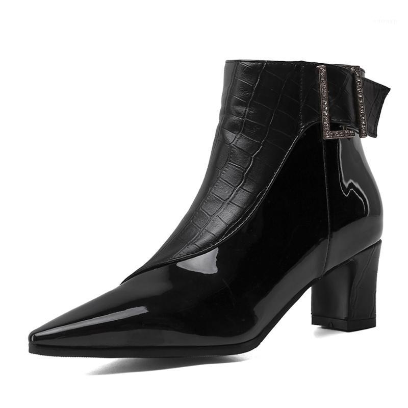 

Stone Pattern PU Stitching Patent Leather Square Heel Ankle Boots Pointed High Heel Belt Buckle Autumn New Women's Shoes zipper1, Black