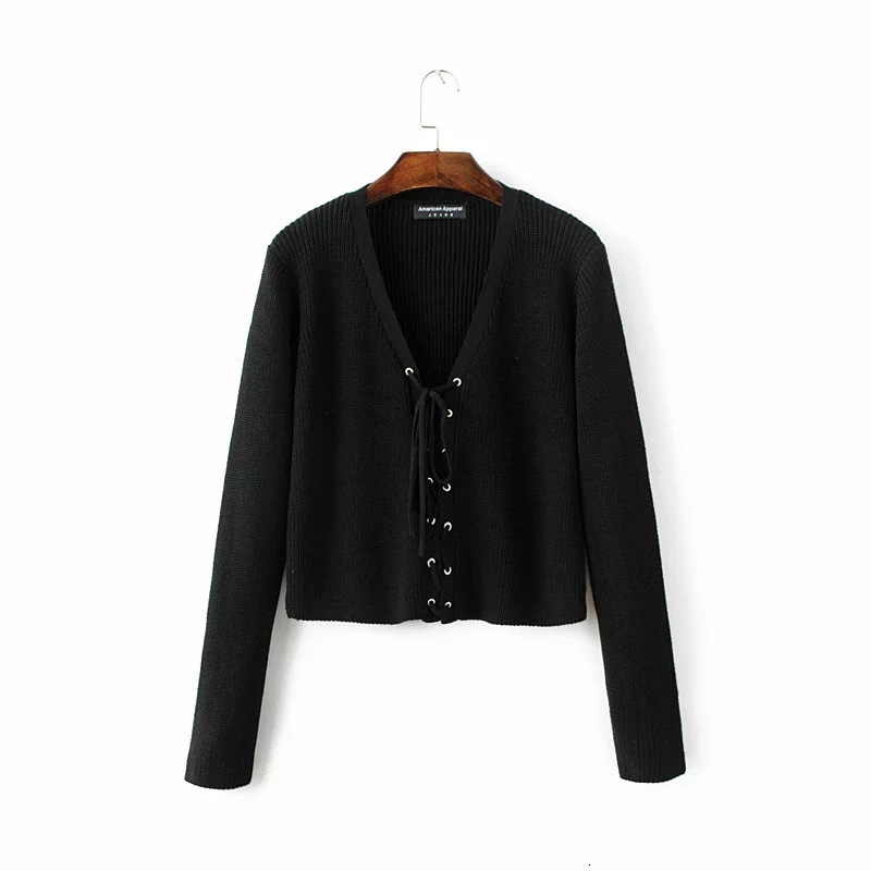 

2021 New Autumn European and American style Cross-eye knit tie sleeve with low-necked shirt short women's jacket 5TQ5, Khaki.