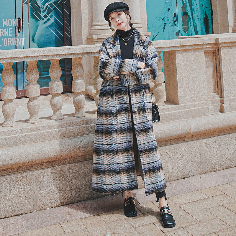 

2021 New Women's Coat New Korean Winter Loose Long Retro Thick Plaid Lapel Single Breasted Hot Fashion Wool Jacket 2h 170x, Latique