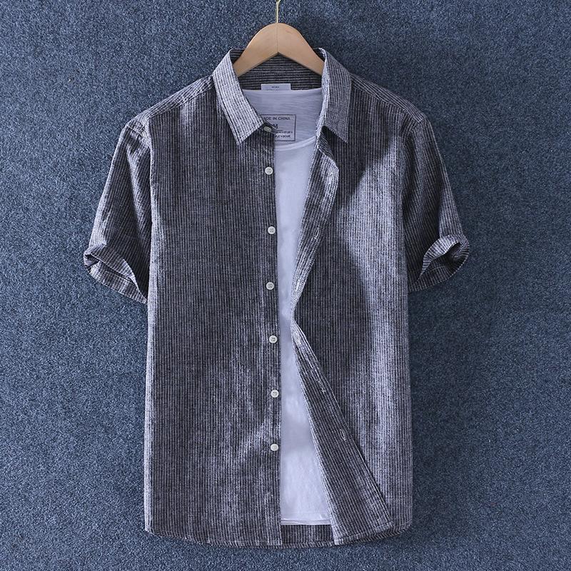

Summer Thin Fashion Men' Striped Linen Short Sleeve Shirt Outdoors Breathable Casual Small Collar Cotton Tops Clothing, Grey stripe collar