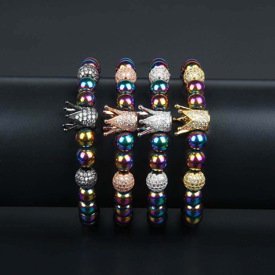 

New Design Crown Bracelet Wholesale 10pcs/lot 8mm Multicolor Colors Hematite Stone Beads With Clear CZ Crown Bracelets For Man And Woman