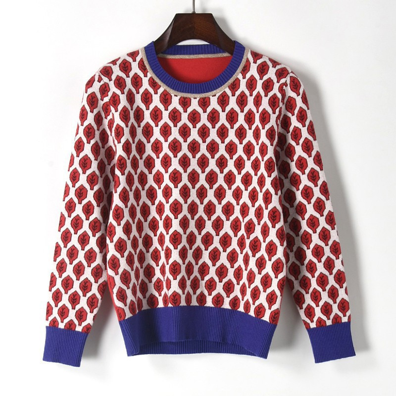 

2021 New Beautiful Red Christian Sweaters Fall Down the Neck Leaf Mesh Retro Feminine Loose Tops Pullovers Contrast Color 3SWX