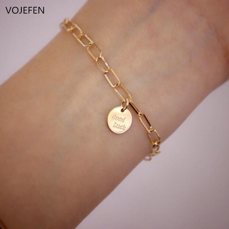 

Other Bracelets VOJEFEN AU750 Yellow 18k Real Gold Bracelet With"Good Luck" Pendant Paper Clip Link Golden Chain For Women Fine Jewellry