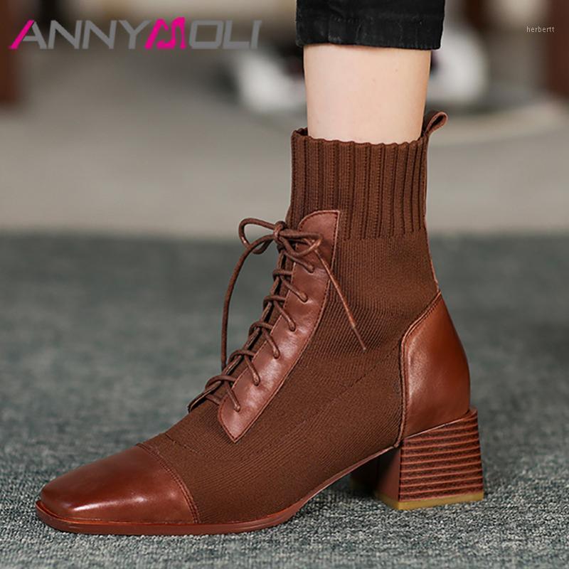 

ANNYMOLI Real Leather High Heel Ankle Boots Women Shoes Square Toe Lace Up Thick Heels Stretch Short Boots Ladies Autumn Winter1, Black synthetic lin