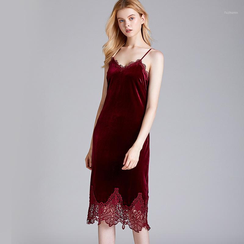 

Women' Sleepwear 2021 Sexy Burgundy Velvet Nightgown Women Slip Knee-length Sleep Dress Lace Halter Nightwear Nighty Homewear1