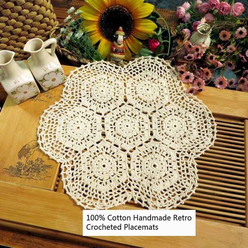 

Set of 2 100% Cotton Handmade Crocheted Hollow Out Design Round Table Placemat 14'x14' Table Mat Decorative Cover Cloth for Sofa1