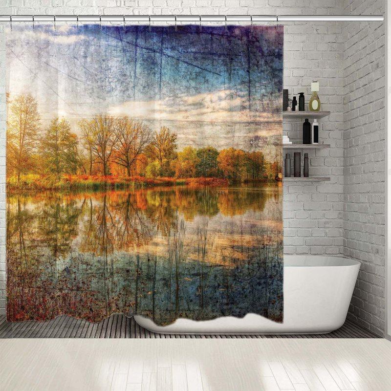 

Shower Curtain Autumn Nature Trees Clouds Reflection on Lake Aged Retro Style Blue White Green Yellow Countryside View Printed