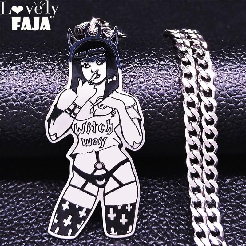 

Upside Down Cross Witch Gril Stainless Steel Necklac Women Black Silver Color Chain Necklace Jewelry collares mujer N4041S03
