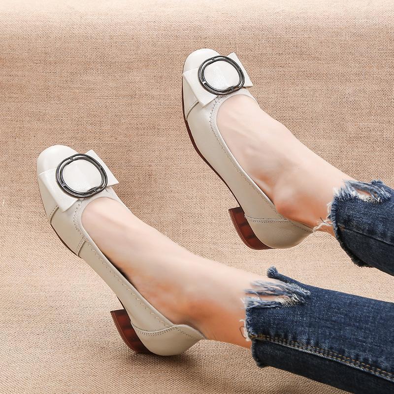 

2020 Spring Fashion Genuine Leather Women Dress Shoes Lady Square Heel Footwear Slip On Shoes Woman Office Low High Heel1, White
