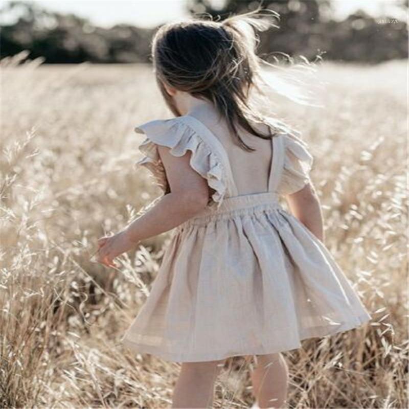 

2020 Summer Kids Baby Girl Brief Clothes Ruched Dress Solid Color Petal Sleeve Set Sunsuit1, Beige