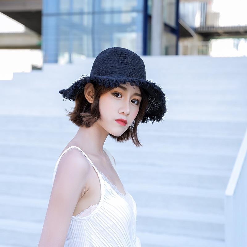 

New 2020 Solid Color Tassel Summer Hat Straw Korean Women Version Tide Sunscreen Beach Hat Sunhat New Fashion, Black