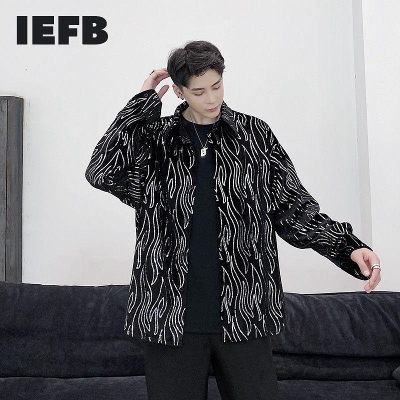 

IEFB Velvet sequin long sleeve shirt fashion korean new men's clothes black lace button loose casual print blouse male 9Y4669
