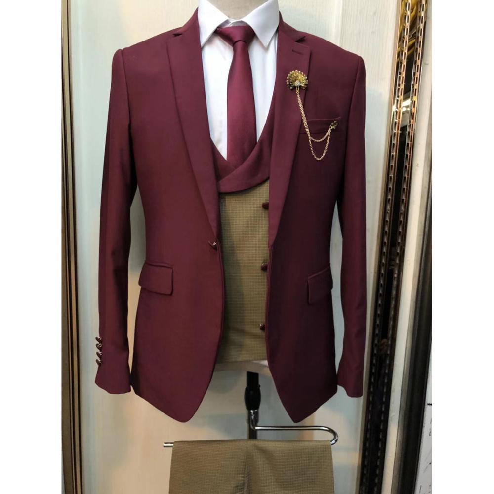 

Fashion Designs Burgundy Men's Suit 3 Pieces Slim Fit Wedding Suits for Men Luxury Blazer Groom Tuxedo Jacket Pants Vest Set, Black