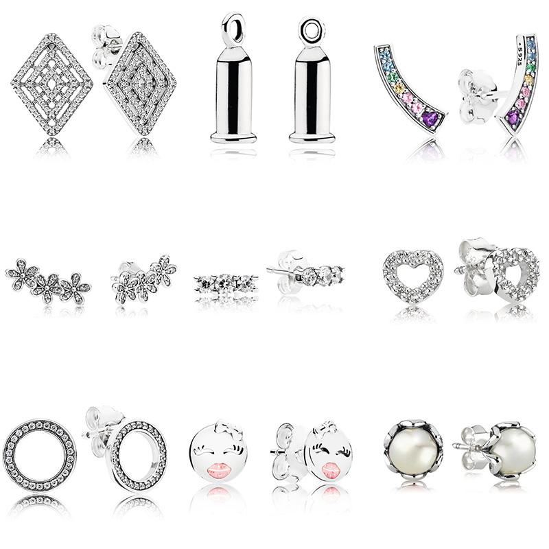 

9 Style 925 Sterling Silver Women Earring Rainbow Flower With Pearl Love Heart Crystal Studs Earring For Women Jewelry
