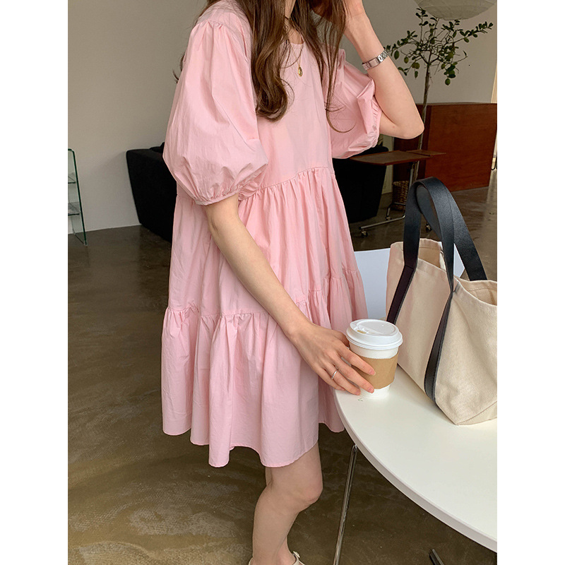 

2021 New Simple and elegant around the neck cotton bubble dress summer sweet super fairy short doll EDV0, White