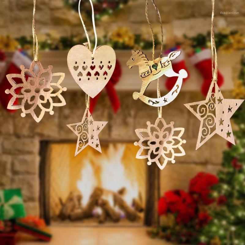 

6PC Christmas Decorations Wooden Snow Rocking Horse Pentacle Angel Love Ornament With Rope Christmas Tree Decorations1