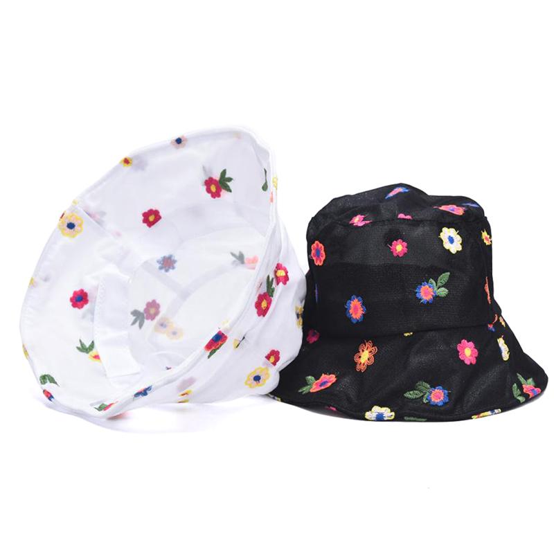 

Women Summer Thin Lace Bucket Hat Sweet Cute Colorful Small Flower Embroidery Travel Sunscreen Adjustable Fisherman Cap, White
