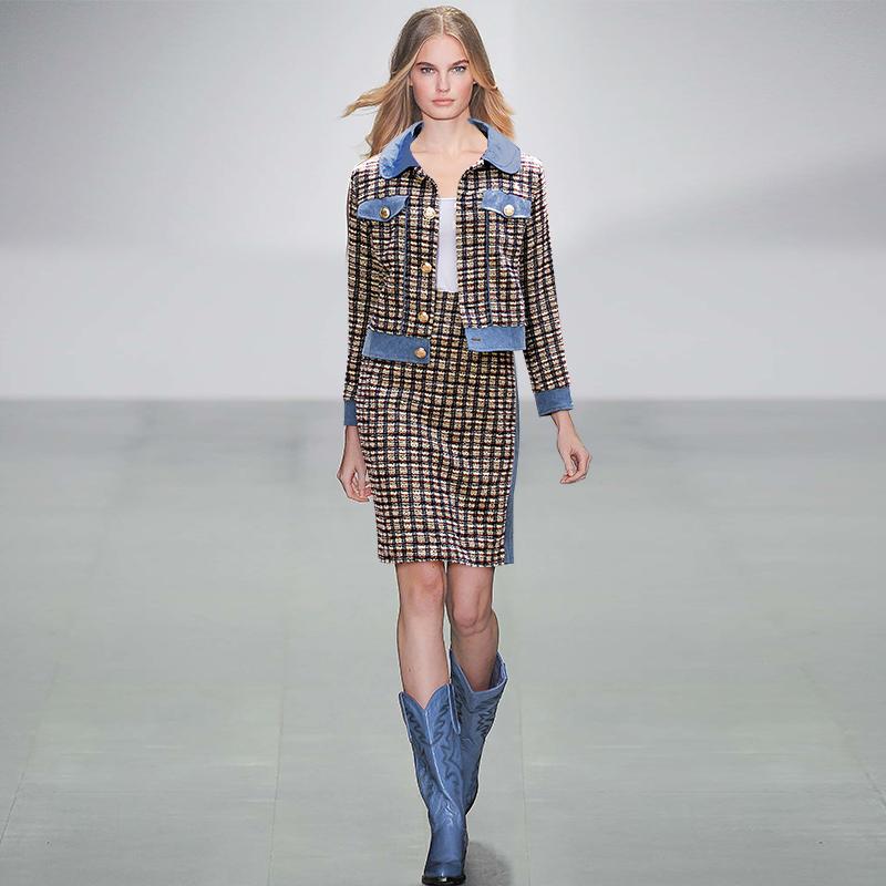 

Womens Tweed Suits Vintage England Style Plaid Tweed Wool Short Jacket Suit Blazer Long Sleeve Top Short Mini Skirt 2 Piece Set, Multi
