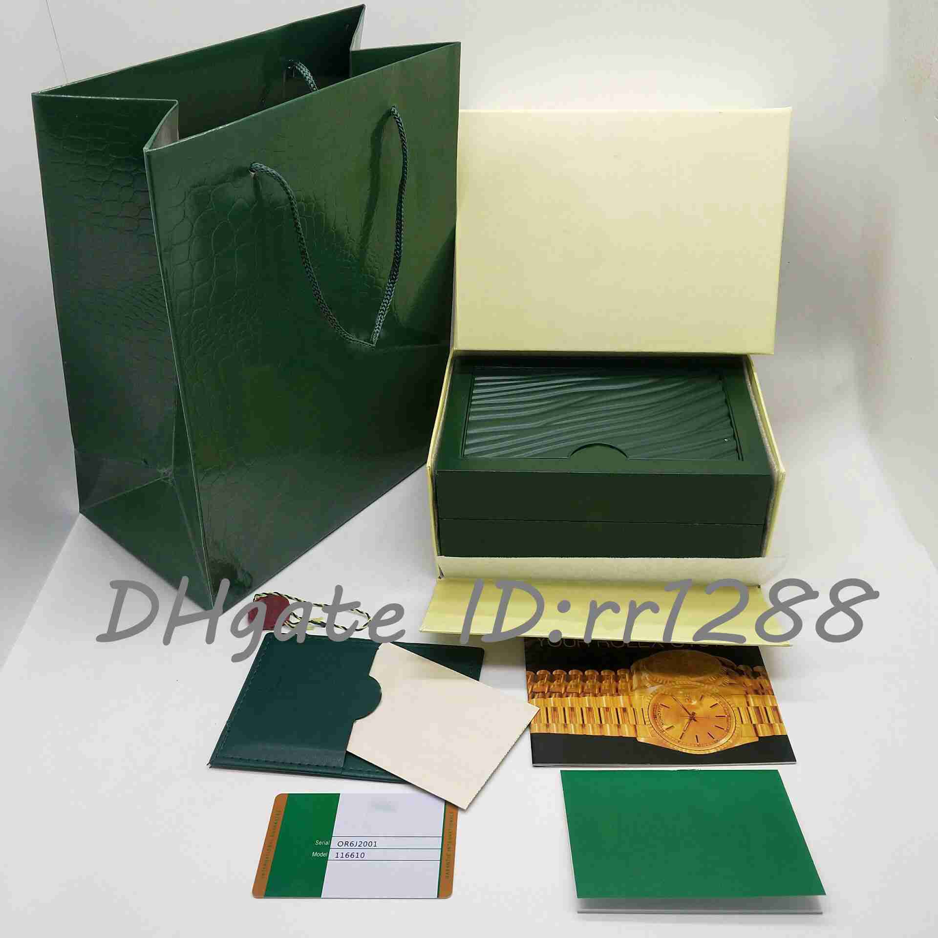 Boîtes de montres Boîte de montre verte foncée Sac cadeau de bonne qualité Books Watches Watches Booklet Cartes et papiers en anglais
