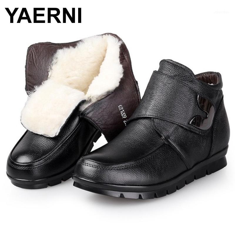

Boots YAERNI Women Winter Fashion Genuine Leather Ankle Round Toe Flat Shoes Soft-soled Woman Snow E6311, Black inside wool
