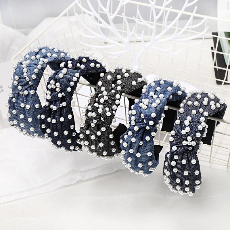 

2020 Hot Sale Korean Elegant Denim Pearl Hair Hoop Solid Color Big Knot Hair Ornament Fabric Band Fashion Accessories