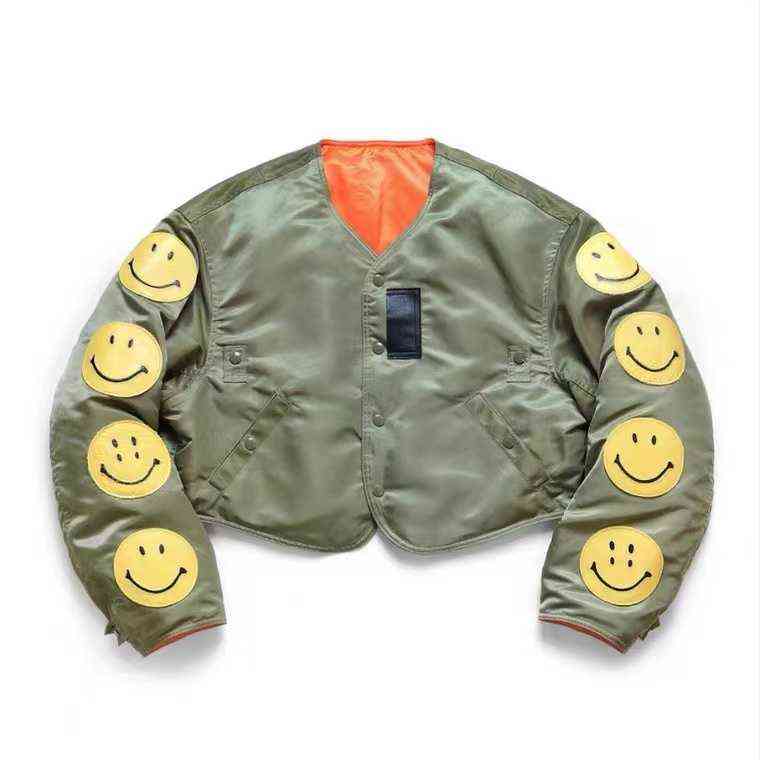 

21aw Kapital Hirata Hehong MA- military green nylon cowhide smiling face clip Cotton Long Sleeve Jacket, Army green