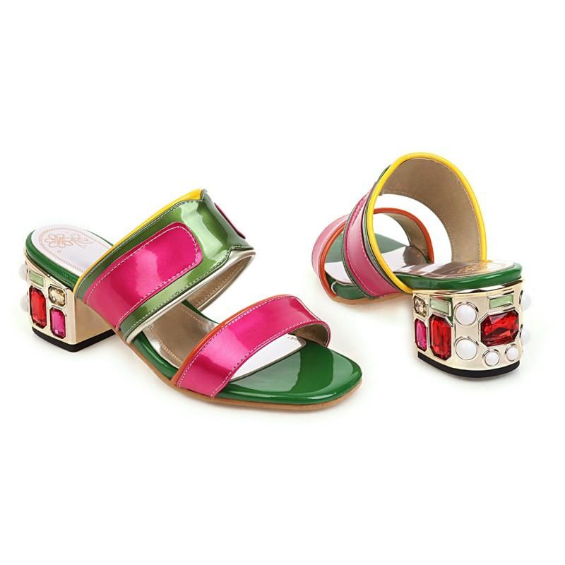 

High-Heeled Shoes Lady Multicolored Sandals Ladies' Slippers Low Rubber Flip Flops Hawaiian Basic PU Rome Mixed Colors Patent