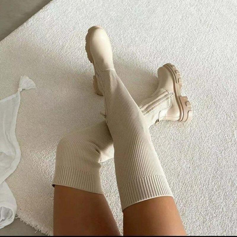 Stövlar 2022 kvinnor högt stickade över-knä klackar skor plattform botas de mujer höst vinter booties