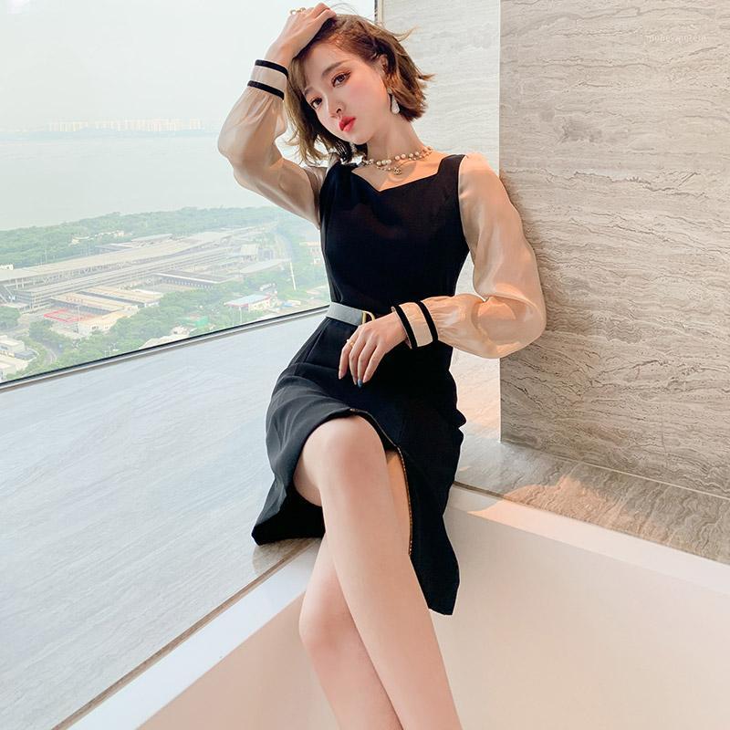 

Temperament square collar splicing gloss sense perspective gauze sleeve belt waist dress female 2020 autumn new1, Black