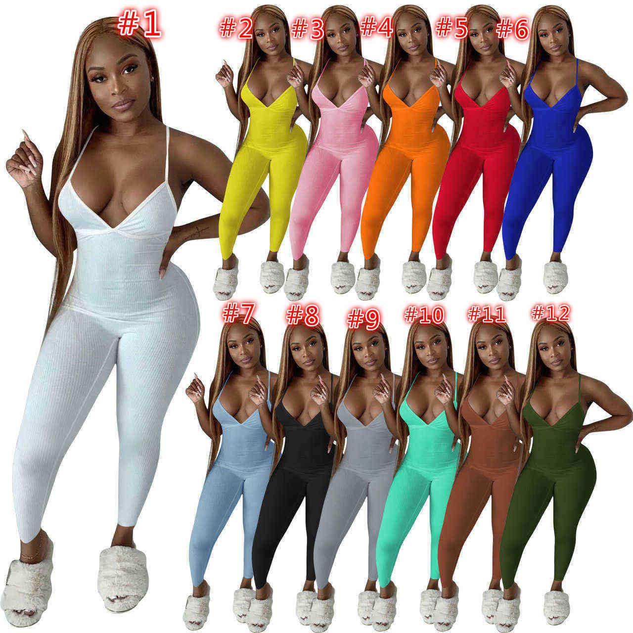 

Designer Jumpsuits 2022 Women Fashion Sexy Rib Suspender Open Back Solid Color One-piece Pants Leggings Plus Size Rompers Clubwear HC8017, Mix or give list