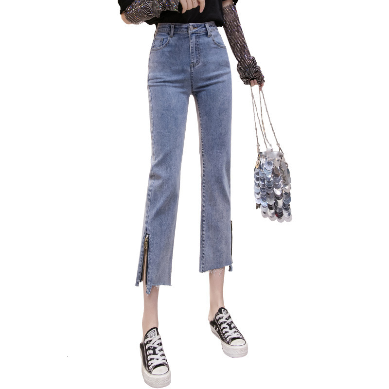 

High waist breeches cotton ankle length Spring pants and autumn style Korean female zipper side fashion rebarback straining straight MJGW, Blue