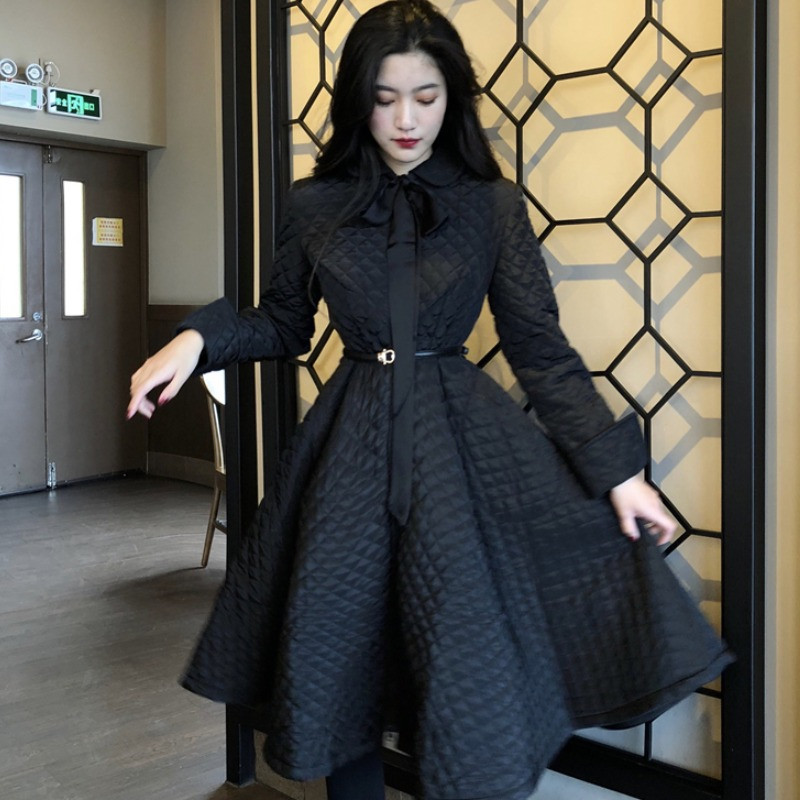 

2021 Women' Cotton Coat New Korean Winter Elegant A-line Skirt Waist Medium Length Argyle Black Jacket 38ZV