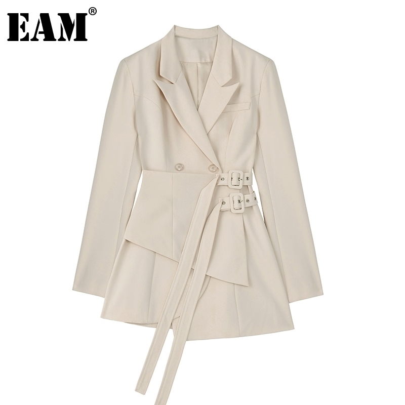 

[EAM] Women Irregular Bandage Spliced Blazer New Lapel Long Sleeve Loose Fit Jacket Fashion Tide Spring Autumn 1DA710 201114, Black