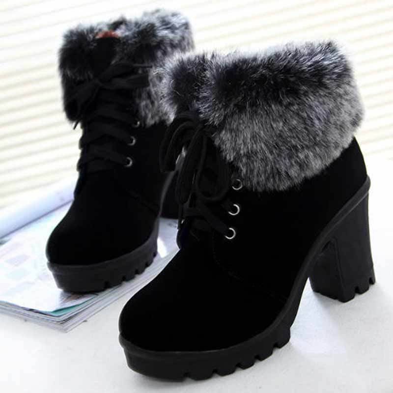 

Top quality Ankle 2020 solid square heels woman lace-up snow ladies shoes warm plush women winter boots, Brown