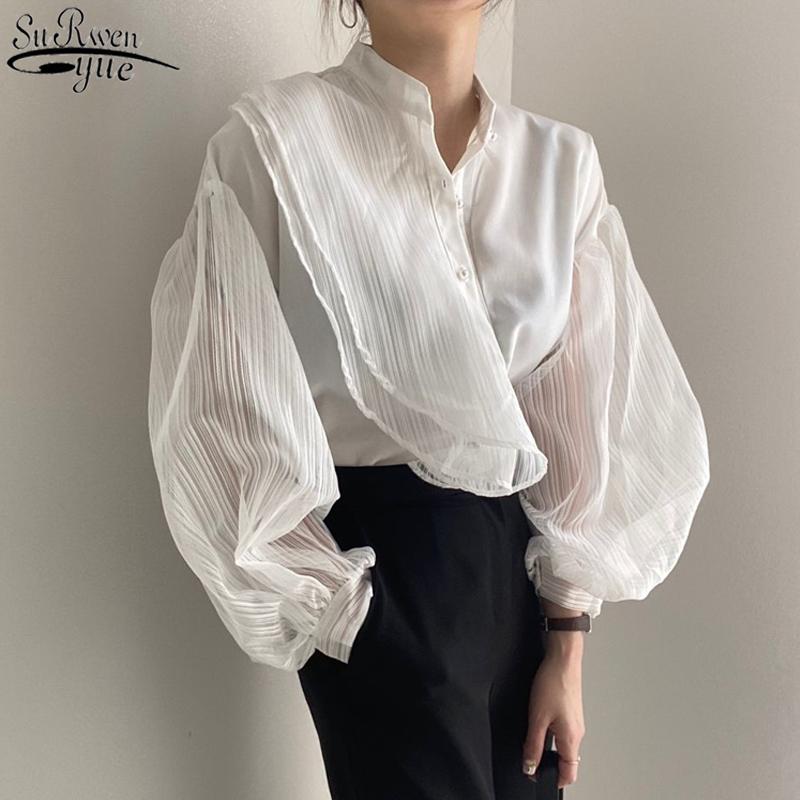 

Fashion Sexy Loose White Women's Shirt Korean See Through Blouse Women Puff Long Sleeve Mesh Blouse Elegant Clothes 11256
