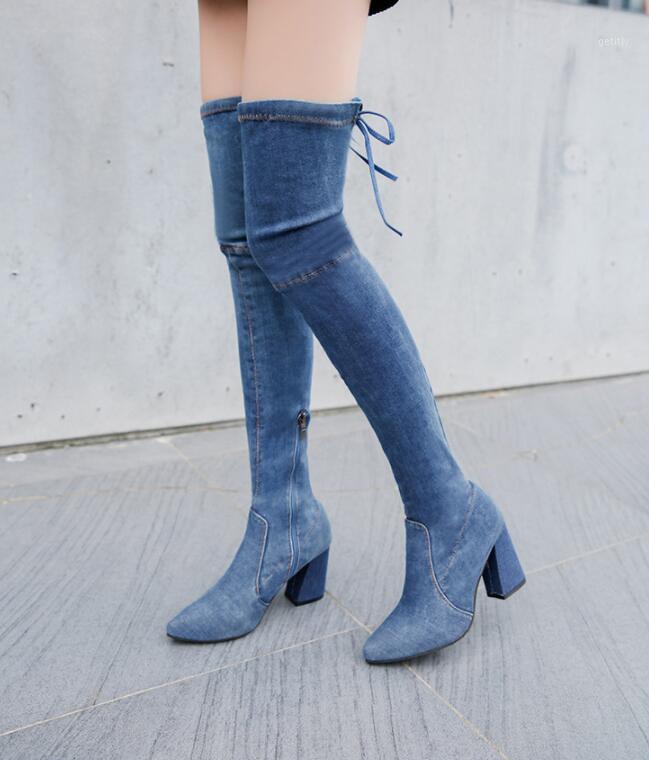 

Autumn Winter women's Over the knee boots pointed thick with side zipper boots high heels denim over knee1, Dark blue a