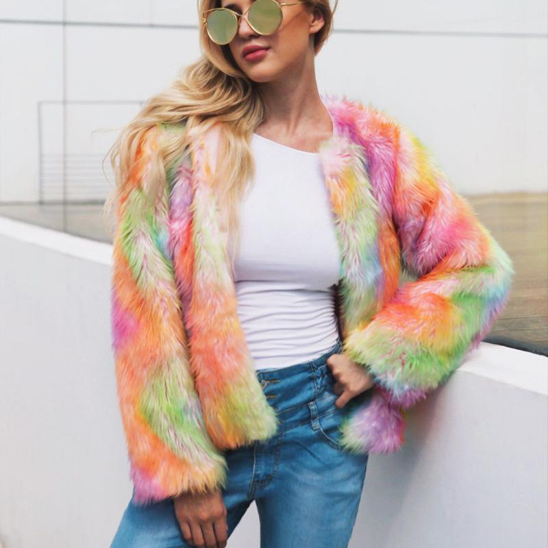 

2020 Winter Women Rainbow color coat Fashion Slim Imitation Fur Coats Female O-neck slim Solid Short Faux Fur Overcoats Jackets, As picture