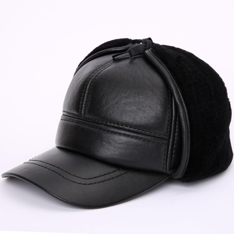 

man 100% Genuine Leather winter hat man earmuffs sheep leather cap middle-aged and hat warm wool cap