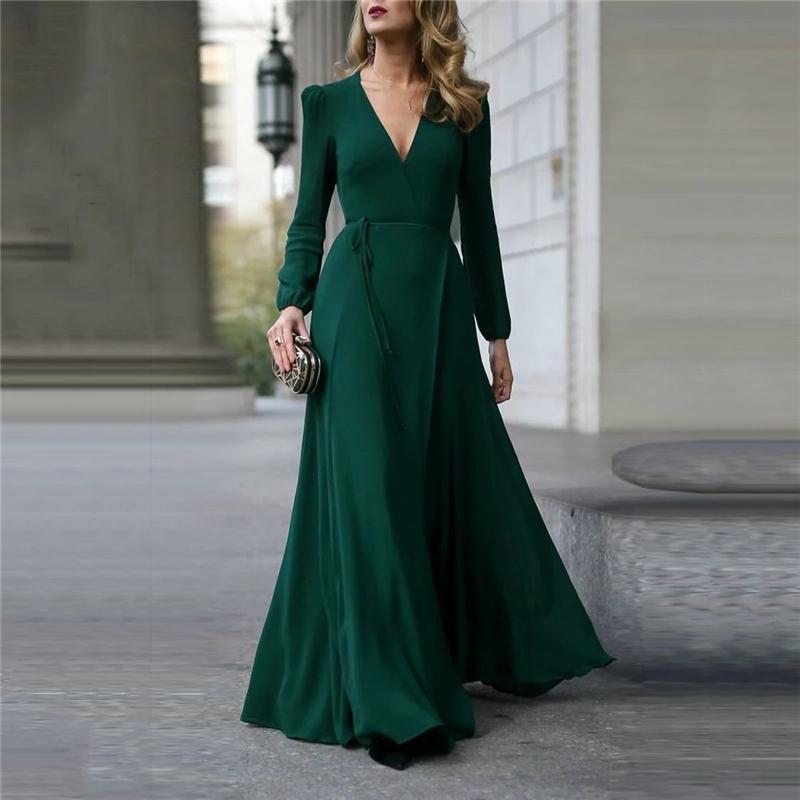 

Casual Dresses Autumn Fashion Women Deep V Neck Long Sleeve Solid High Slit Maxi Dress Formal Prom A Line Evening Party, Black