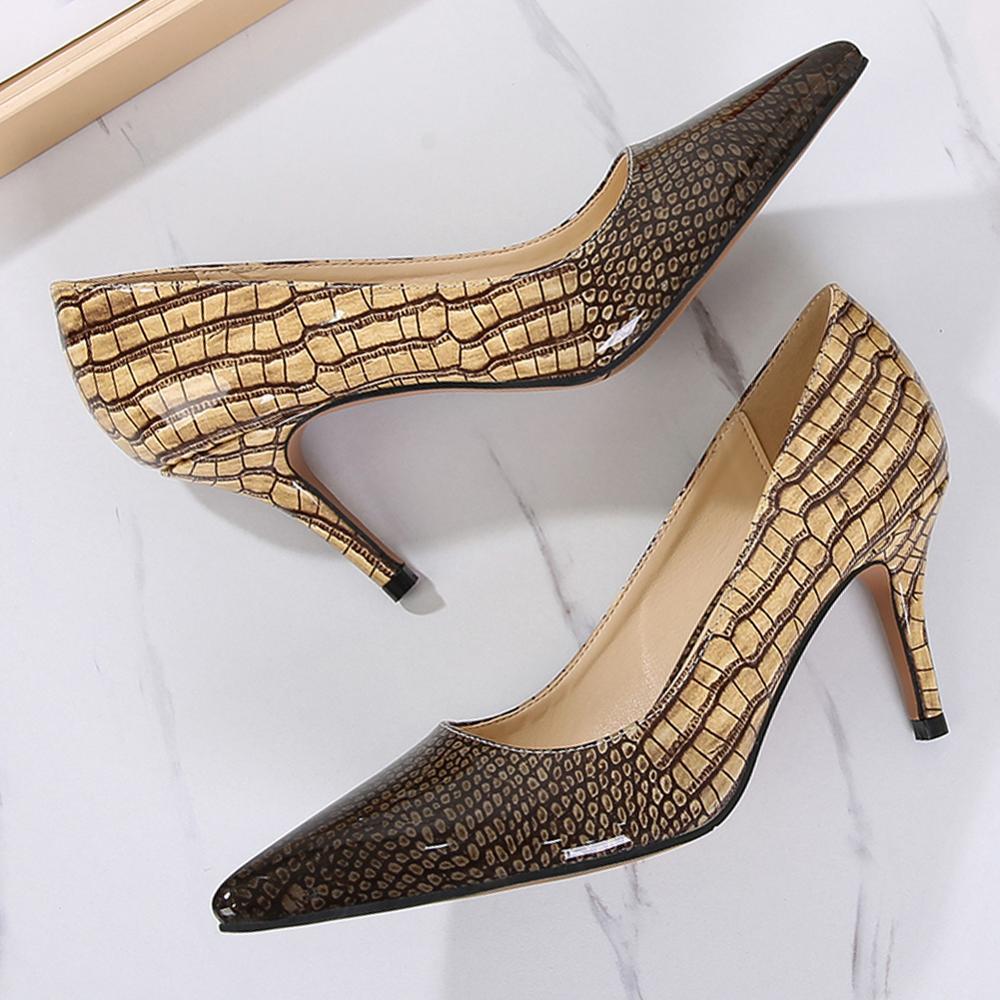 

2020 Fashion Small High Heels 7.5cm to Snake Toe Print Plutonium Leather Shoes Daily Female Shoe Size46 Mnqf, Black