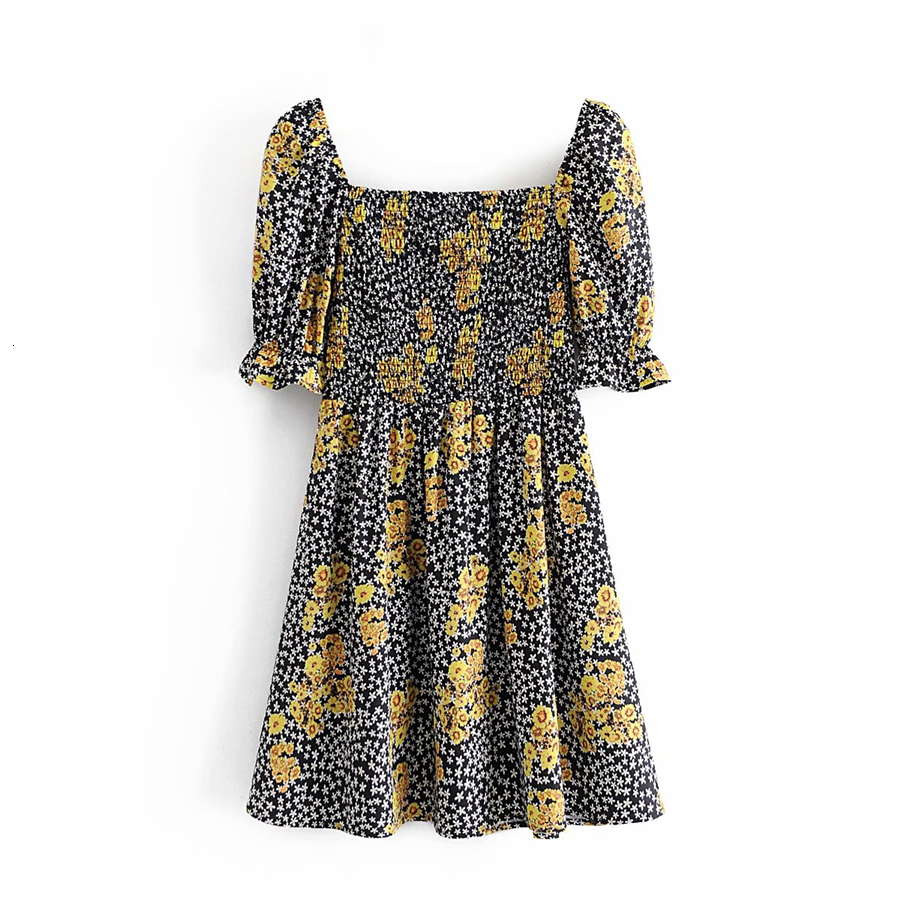 

2021 New Vintage Women Floral Print Es Fashion Ladies Square Collar Mini Elegant Female Chic Elastic Patchwork Vestidos Ojs2, Orange