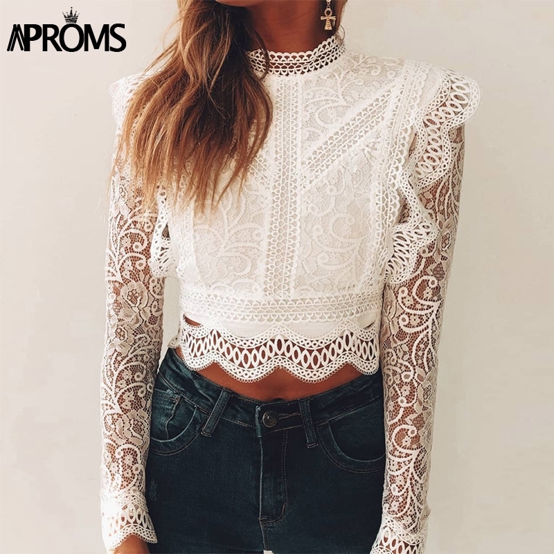 

Aproms White Lace Embroidery Cropped Blouse Women Sexy High Neck Back Zipper Hollow Out Shirt Female Summer Streetwear Top 201201
