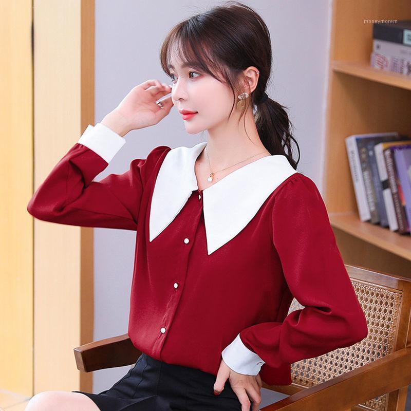 

2021 New Spring Autumn Elegant Tops Women Shirt Long Sleeve Stitching Doll Collar Korean Style Loose Blouse Blusas Y3571, Black