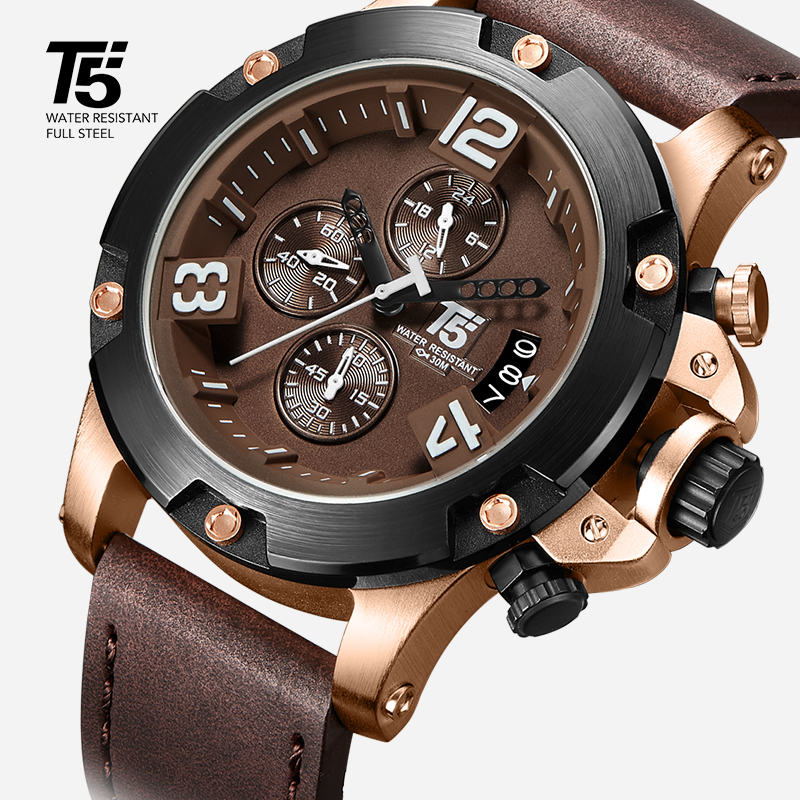 

Leather strap, pink T5 for men, luxury black quartz timer, waterproof, men's sports watches, men's watches